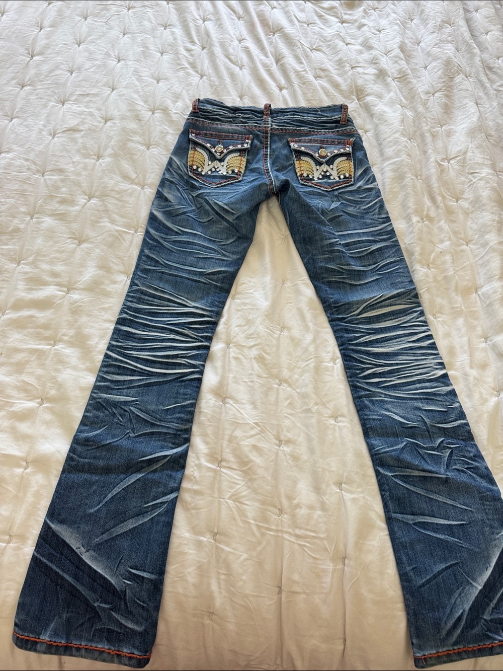 Embellished Back-Pocket Blue Flare Jeans